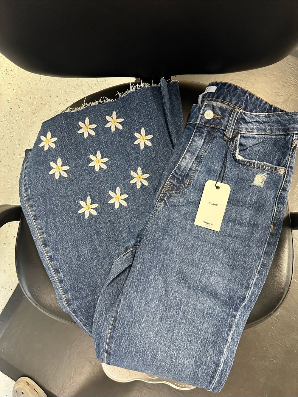Forever 21 Blue Denim Flare Jeans with Daisy Embroidery